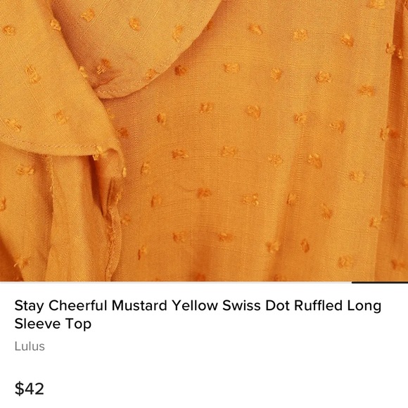 Lulus Women’s S Mustard Swiss Dot Ruffle Long Puff Sleeve Smocked Wrist Top EUC - Picture 4 of 16